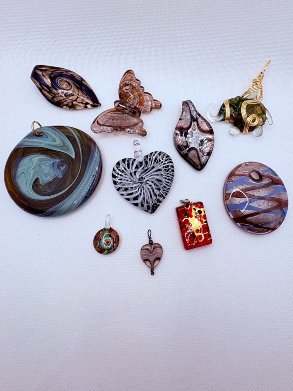 Vintage Lot Of 10 Glass Pendants Various Sizes Colors Murano Elephant Butterfly